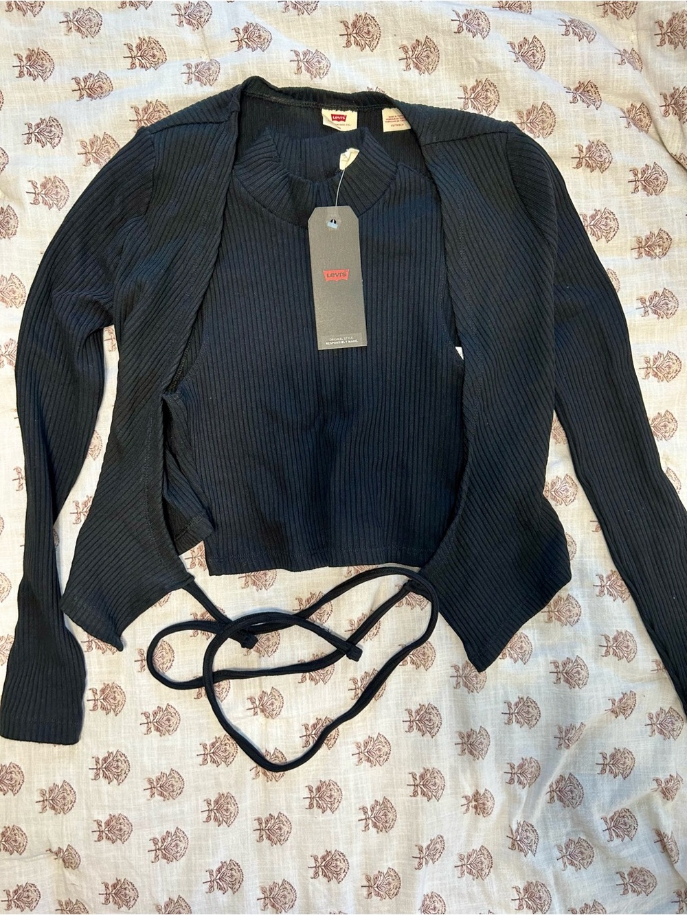 Levi's Black Ribbed Tie-Waist Women's Cardigan with Mock Neck Sweater Tank